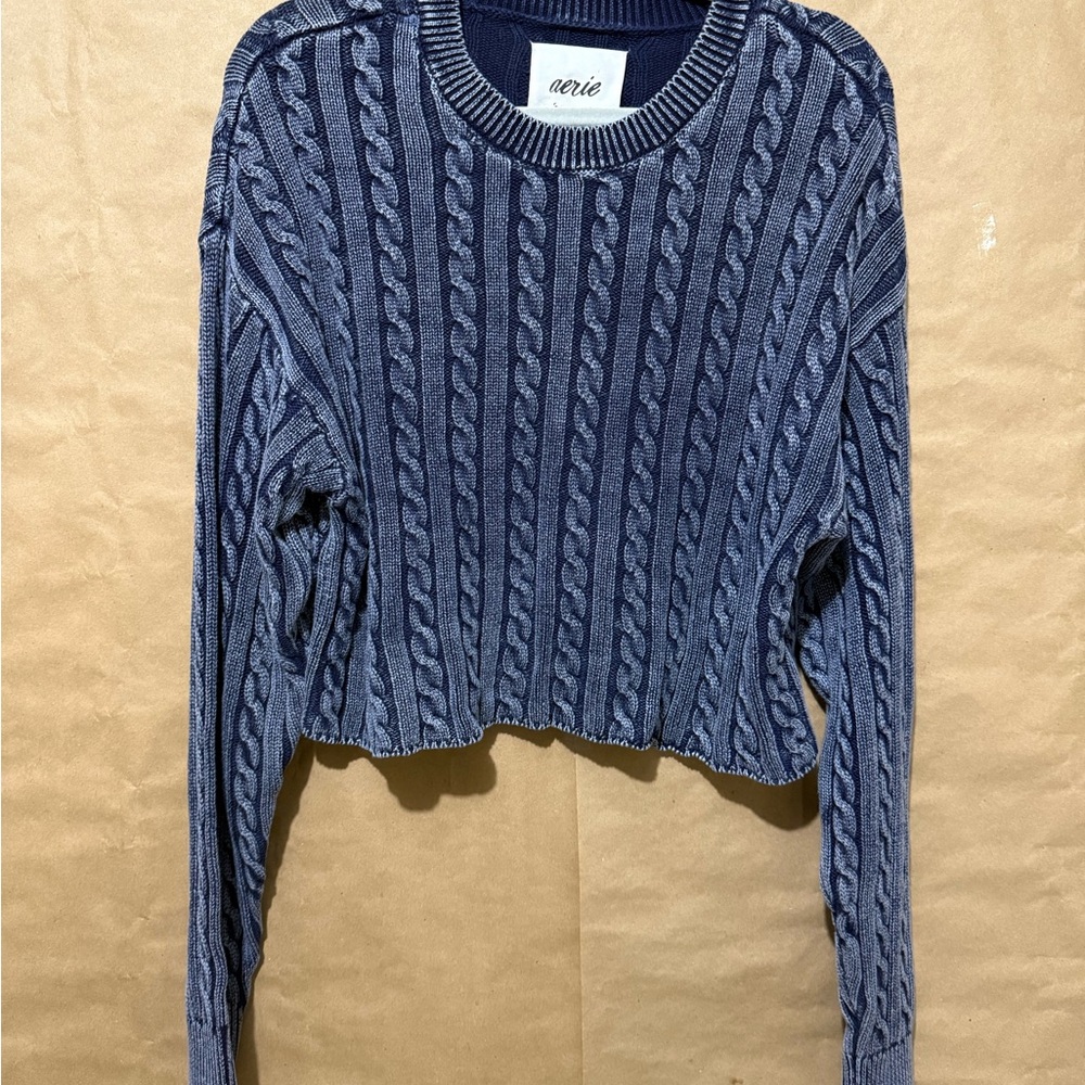 Aerie Blue Cable Knit Crew Neck Sweater